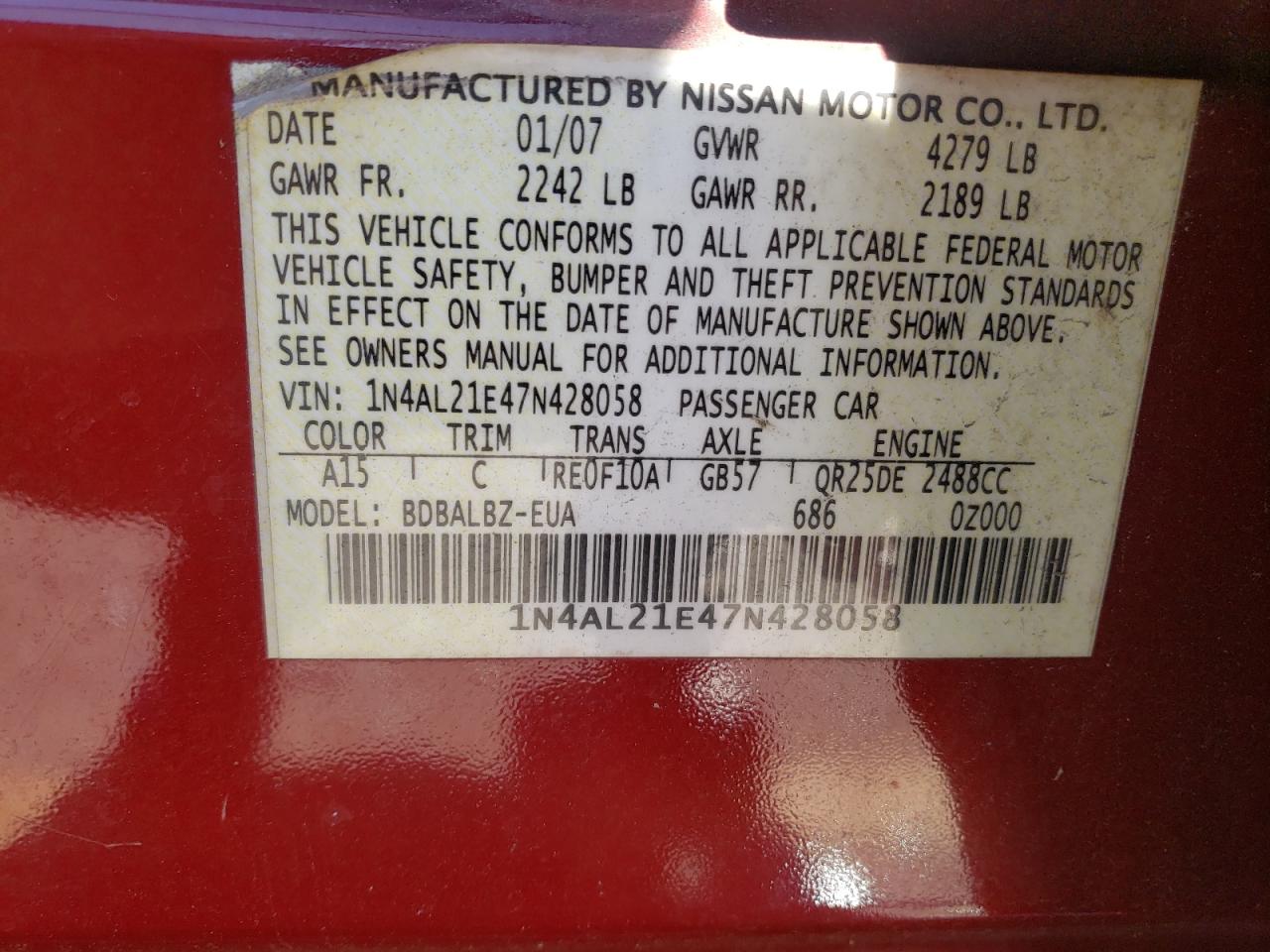 Photo 10 from auction – 2007 NISSAN ALTIMA 2.5 with VIN 1N4AL21E47N428058