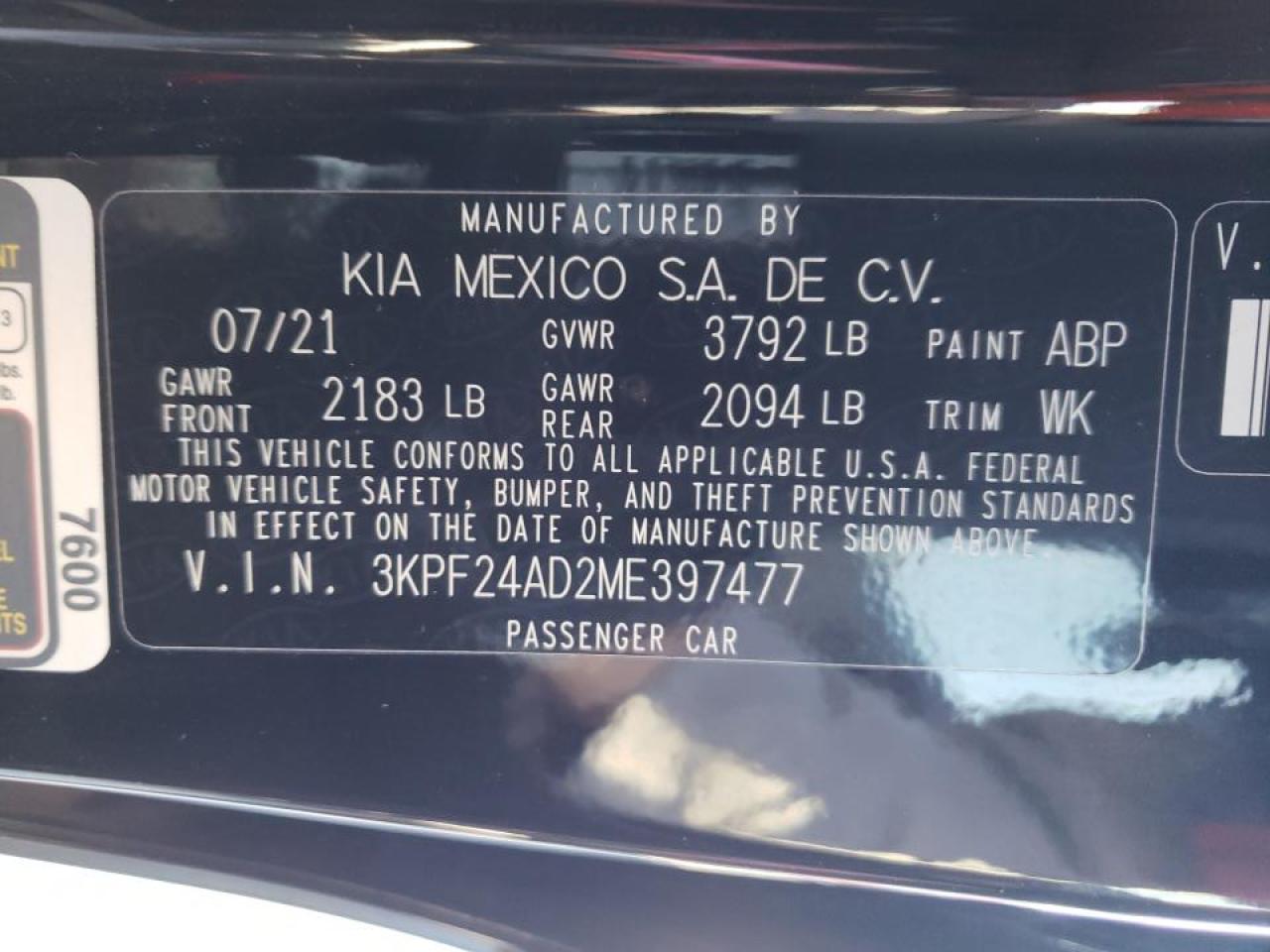 Photo 10 from auction – 2021 KIA FORTE FE with VIN 3KPF24AD2ME397477