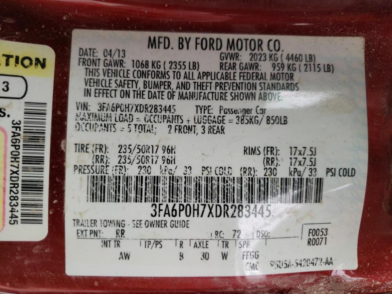 Photo 10 from auction – 2013 FORD FUSION SE with VIN 3FA6P0H7XDR283445