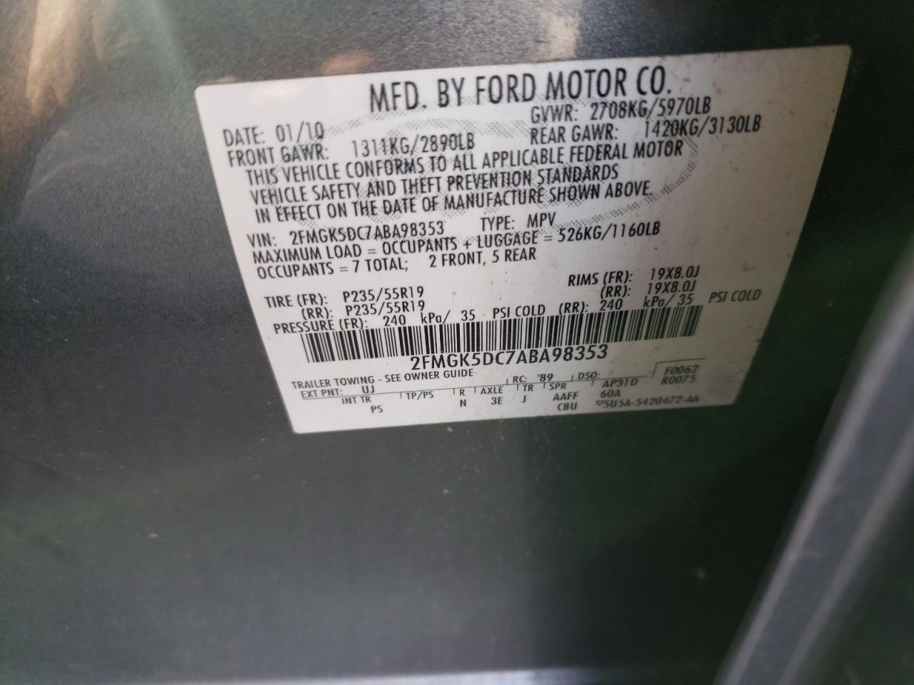 Photo 10 from auction – 2010 FORD FLEX LIMIT with VIN 2FMGK5DC7ABA98353