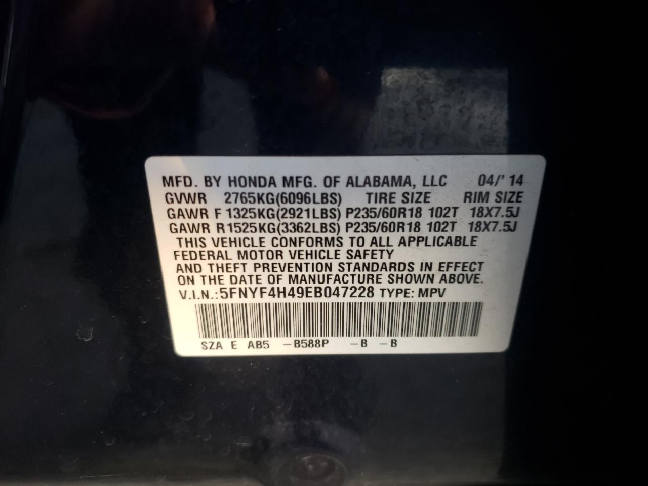 Photo 10 from auction – 2014 HONDA PILOT EX with VIN 5FNYF4H49EB047228