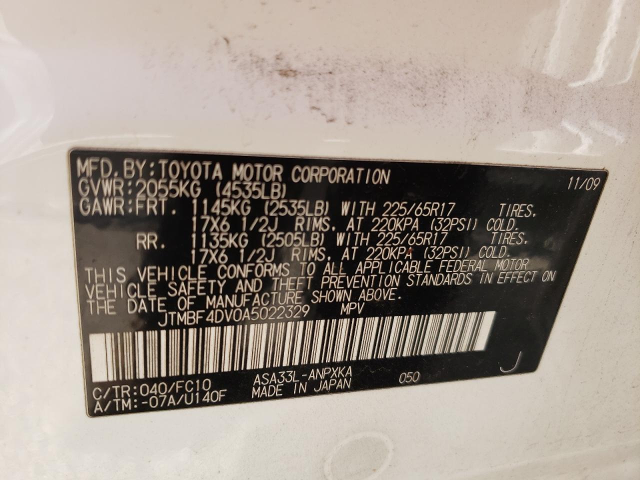 Photo 10 from auction – 2010 TOYOTA RAV4 with VIN JTMBF4DV0A5022329