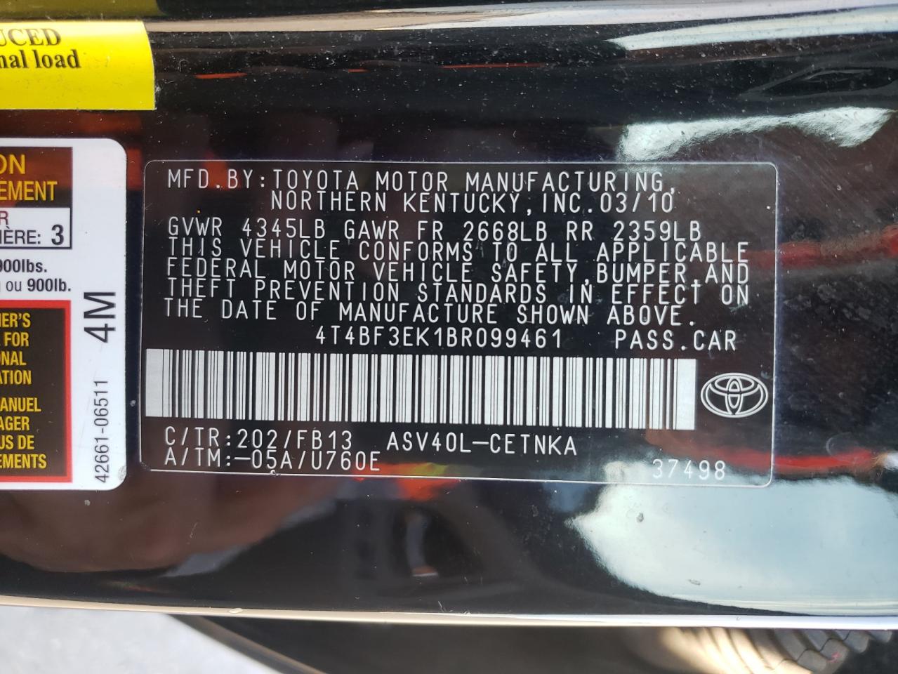 Photo 10 from auction – 2011 TOYOTA CAMRY BASE with VIN 4T4BF3EK1BR099461