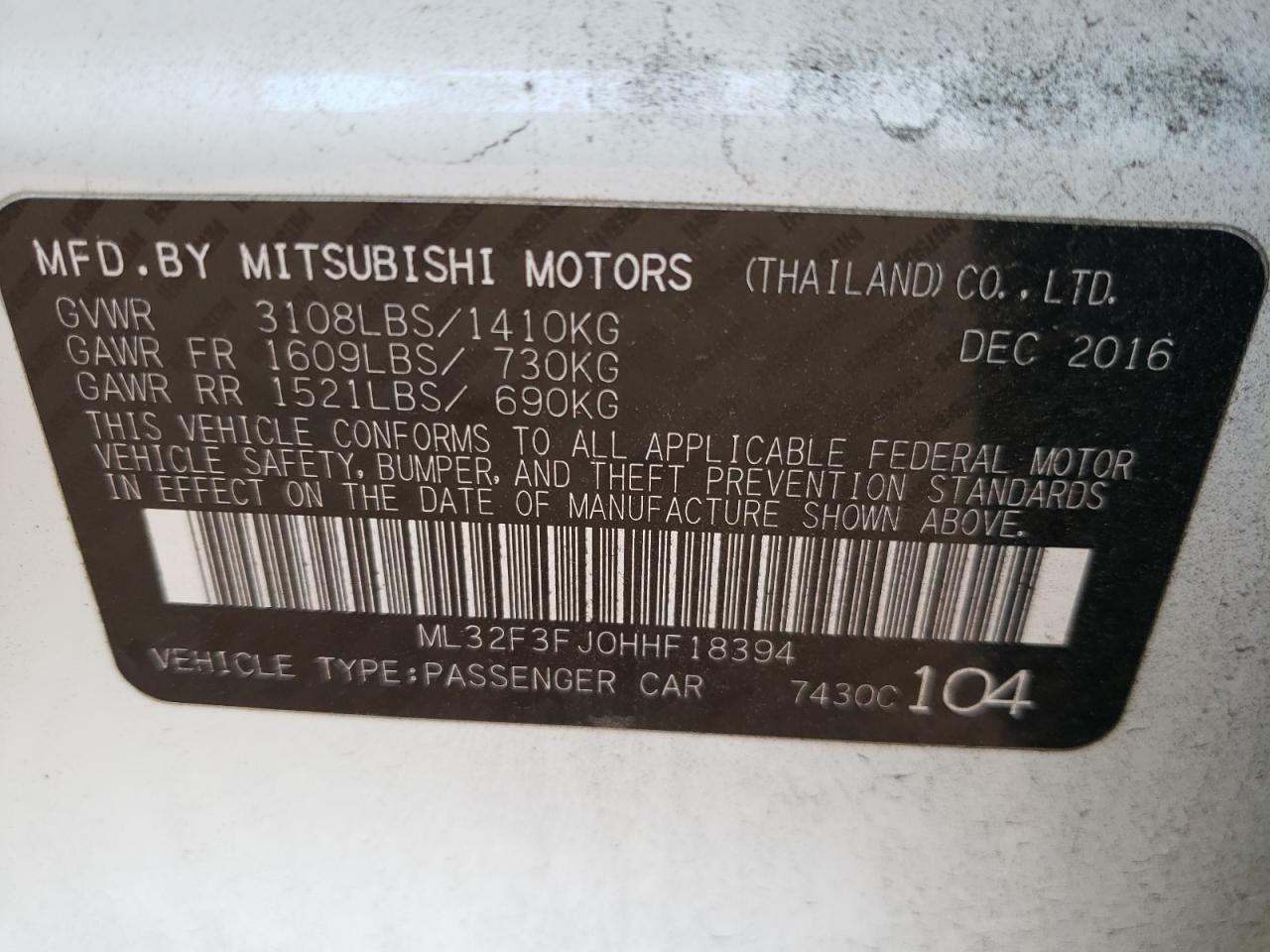Photo 10 from auction – 2017 MITSUBISHI MIRAGE G4 with VIN ML32F3FJ0HHF18394