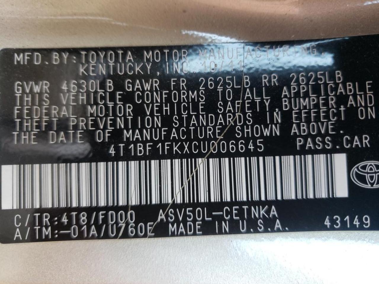 Photo 10 from auction – 2012 TOYOTA CAMRY BASE with VIN 4T1BF1FKXCU006645