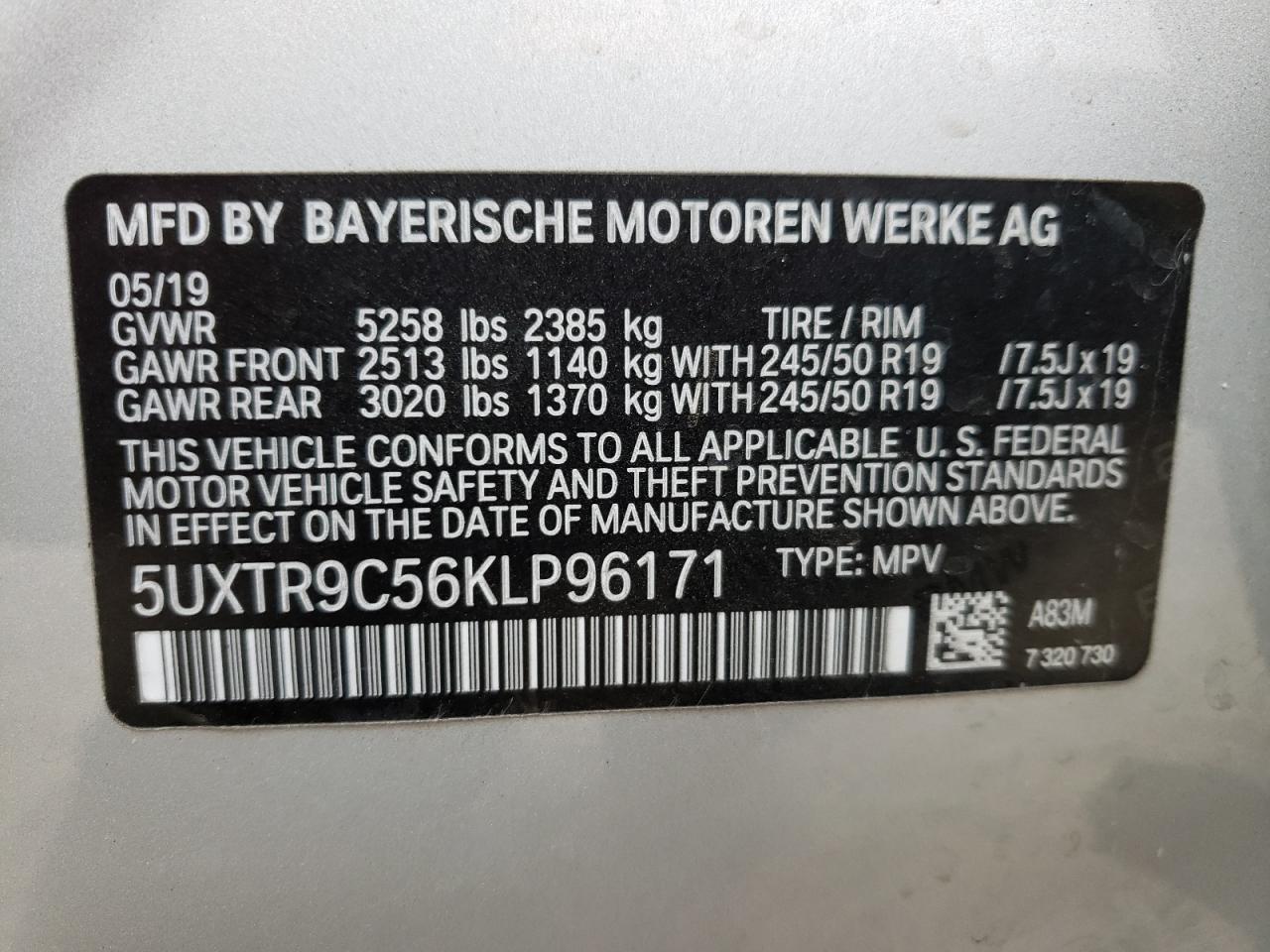 Photo 10 from auction – 2019 BMW X3 XDRIVE3 with VIN 5UXTR9C56KLP96171