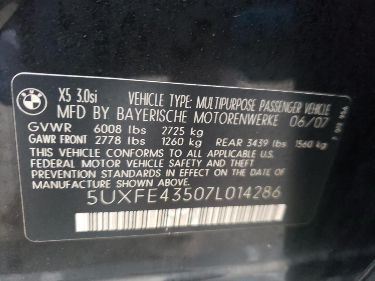Photo 10 from auction – 2007 BMW X5 3.0I with VIN 5UXFE43507L014286