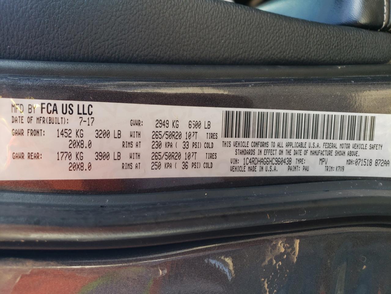 Photo 10 from auction – 2017 DODGE DURANGO SX with VIN 1C4RDHAG6HC960438