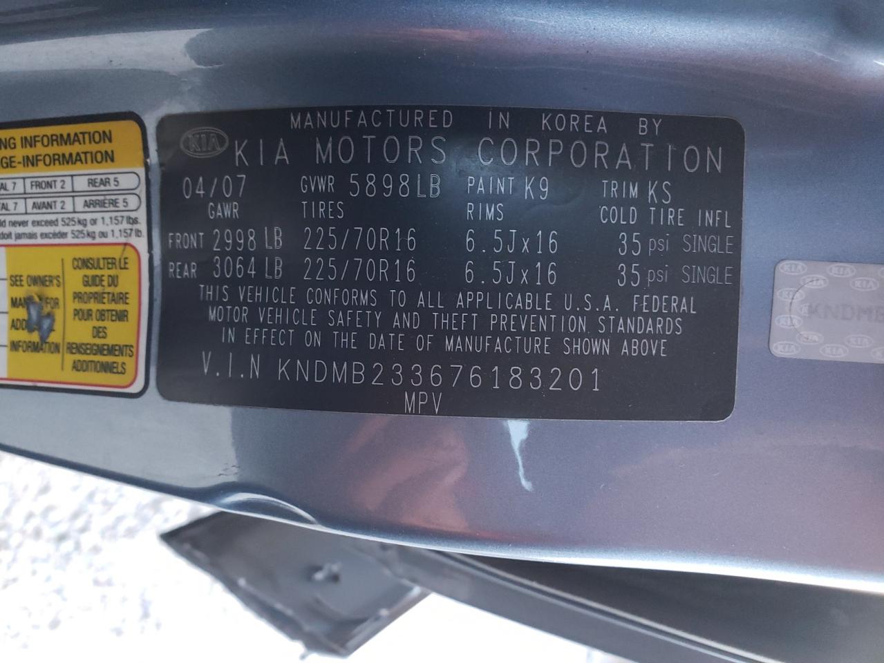 Photo 10 from auction – 2007 KIA SEDONA with VIN KNDMB233676183201