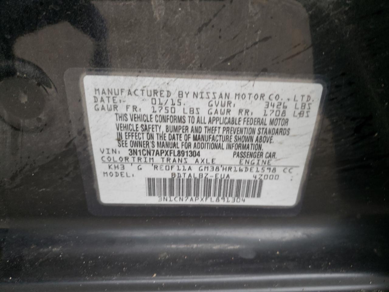 Photo 10 from auction – 2015 NISSAN VERSA S with VIN 3N1CN7APXFL891304