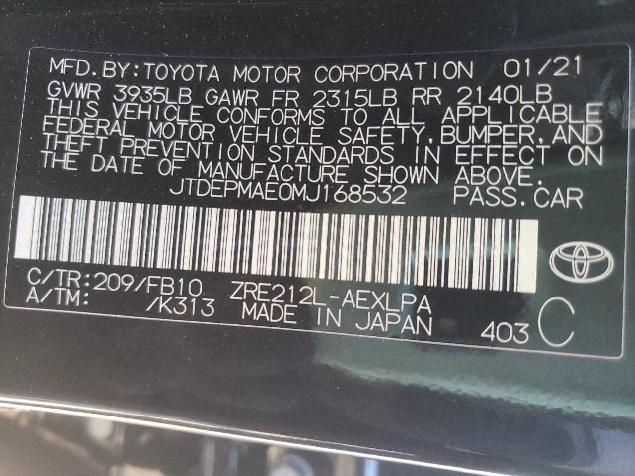 Photo 10 from auction – 2021 TOYOTA COROLLA LE with VIN JTDEPMAE0MJ168532