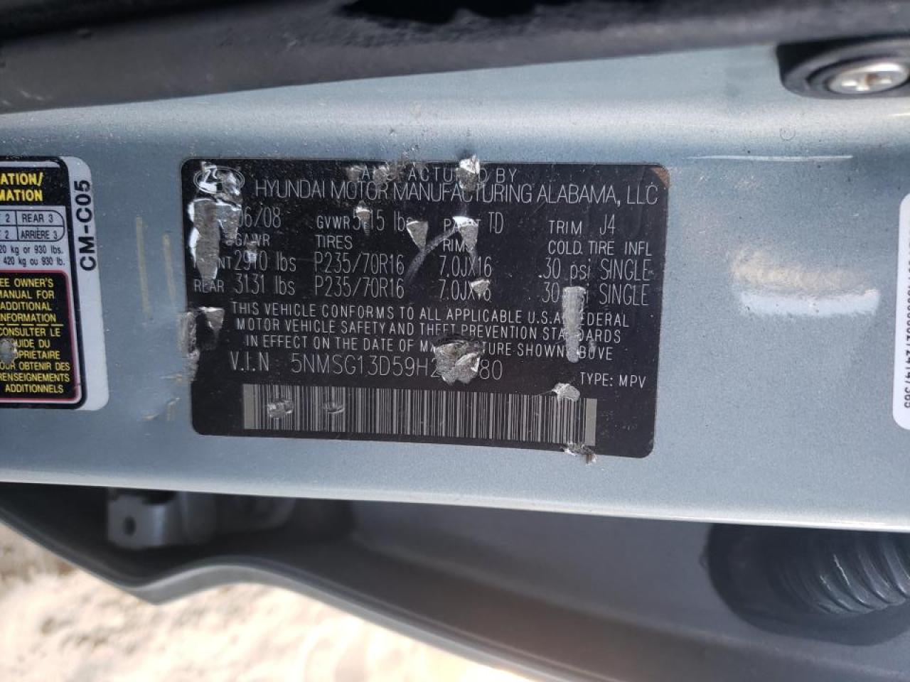 Photo 10 from auction – 2009 HYUNDAI SANTA FE G with VIN 5NMSG13D59H259380