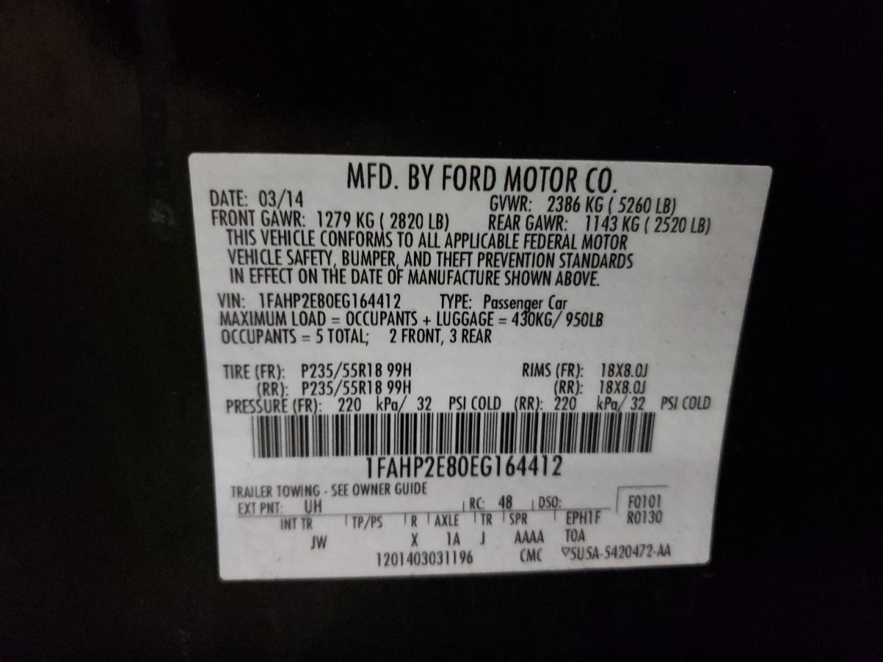 Photo 10 from auction – 2014 FORD TAURUS SEL with VIN 1FAHP2E80EG164412