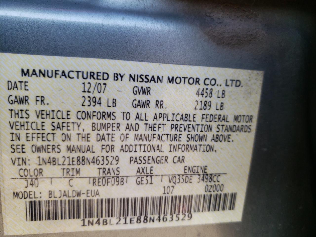Photo 10 from auction – 2008 NISSAN ALTIMA 3.5 with VIN 1N4BL21E88N463529