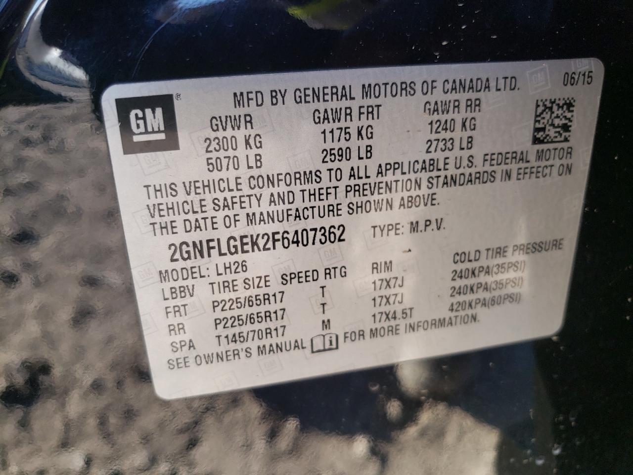 Photo 10 from auction – 2015 CHEVROLET EQUINOX LT with VIN 2GNFLGEK2F6407362