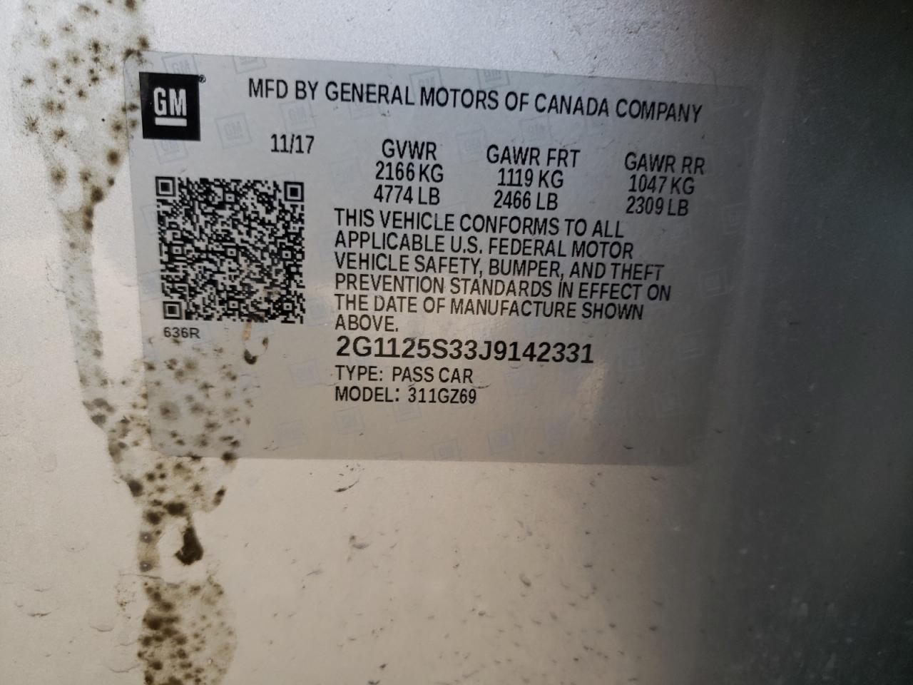 Photo 10 from auction – 2018 CHEVROLET IMPALA PRE with VIN 2G1125S33J9142331