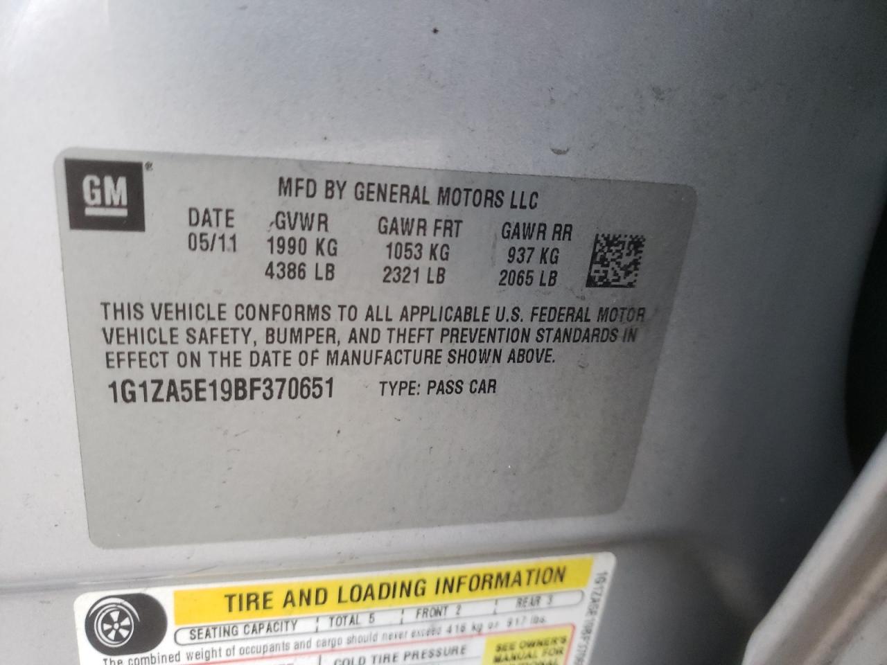 Photo 10 from auction – 2011 CHEVROLET MALIBU LS with VIN 1G1ZA5E19BF370651