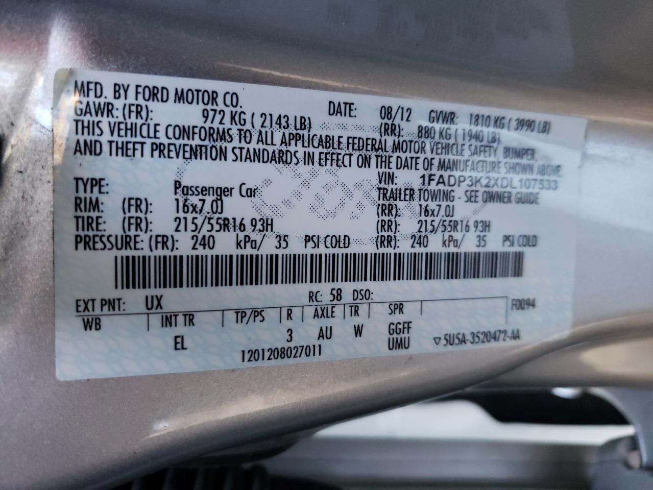 Photo 10 from auction – 2013 FORD FOCUS SE with VIN 1FADP3K2XDL107533