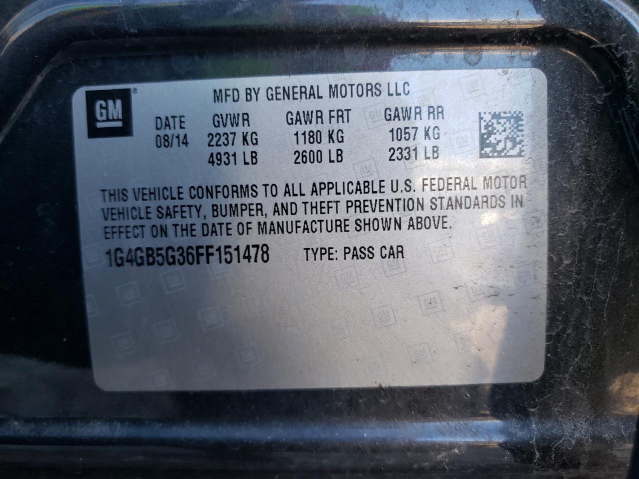 Photo 10 from auction – 2015 BUICK LACROSSE with VIN 1G4GB5G36FF151478