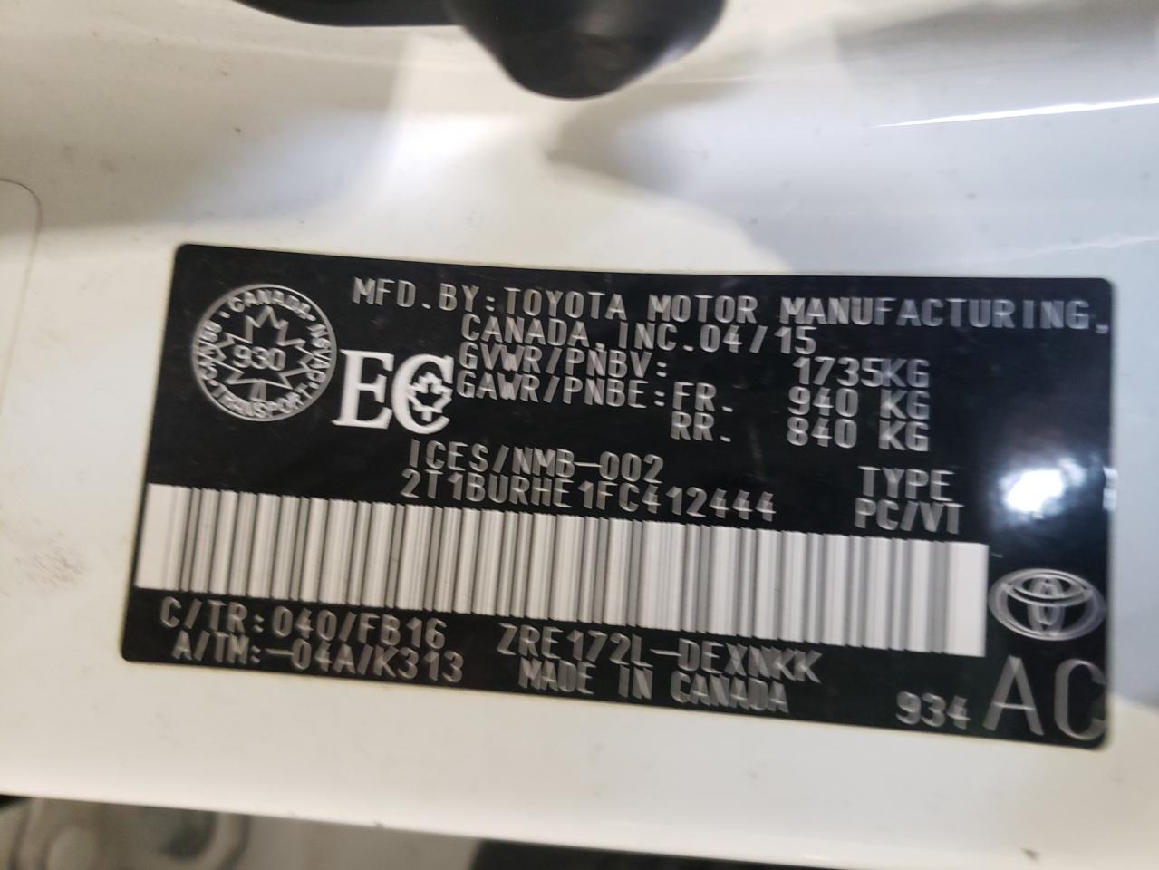 Photo 10 from auction – 2015 TOYOTA COROLLA L with VIN 2T1BURHE1FC412444