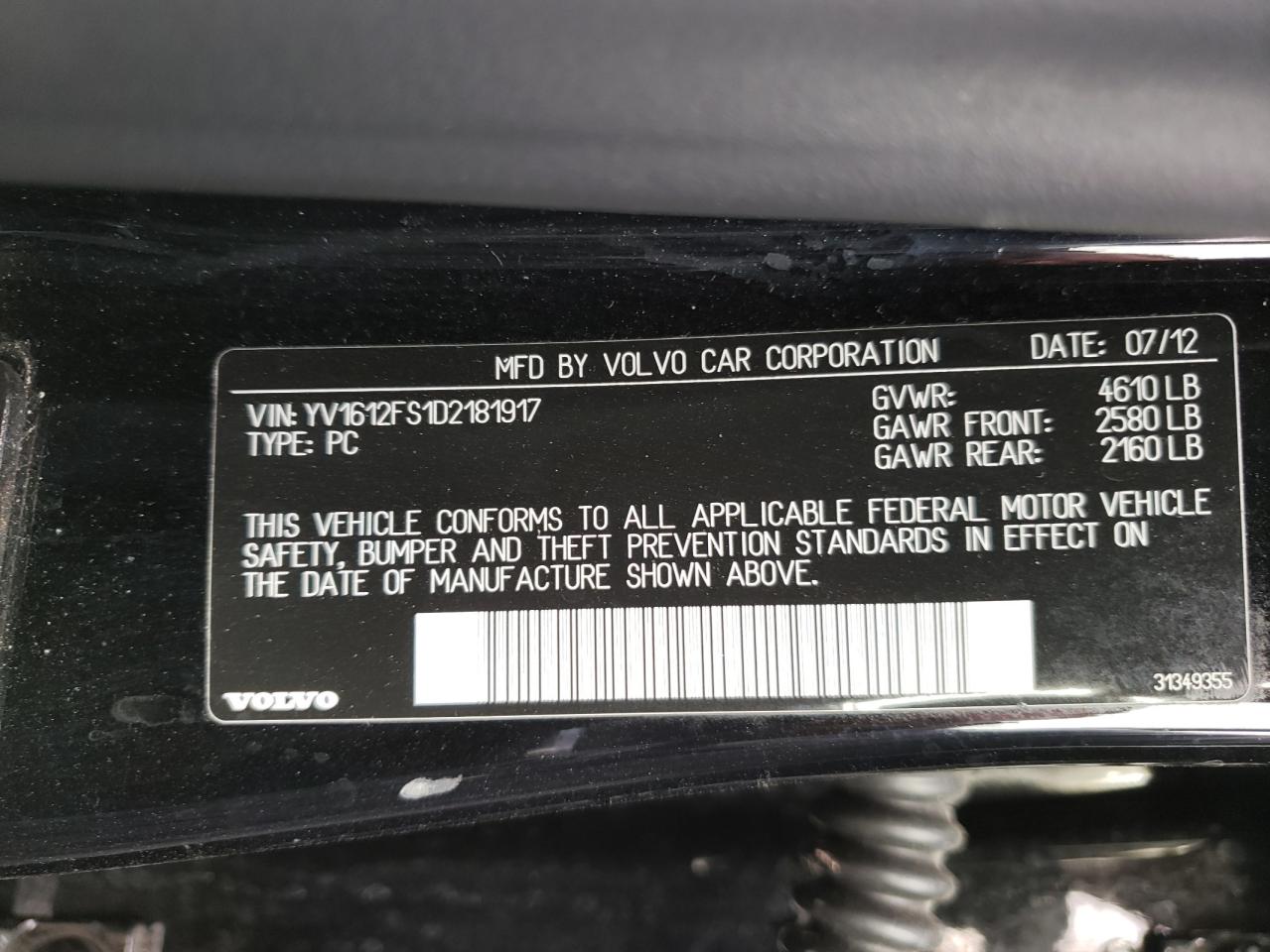 Photo 10 from auction – 2013 VOLVO S60 with VIN YV1612FS1D2181917