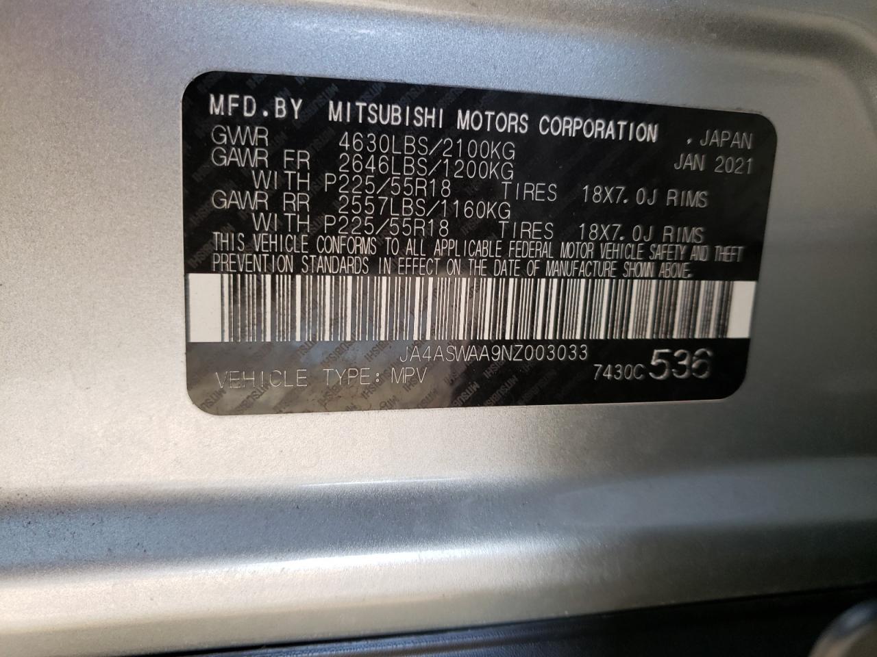 Photo 10 from auction – 2022 MITSUBISHI ECLIPSE CR with VIN JA4ASWAA9NZ003033