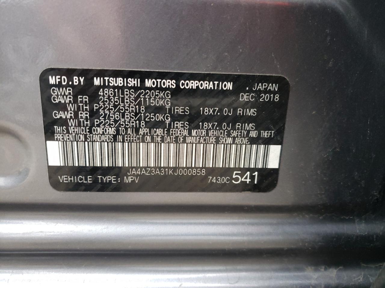Photo 10 from auction – 2019 MITSUBISHI OUTLANDER with VIN JA4AZ3A31KJ000858