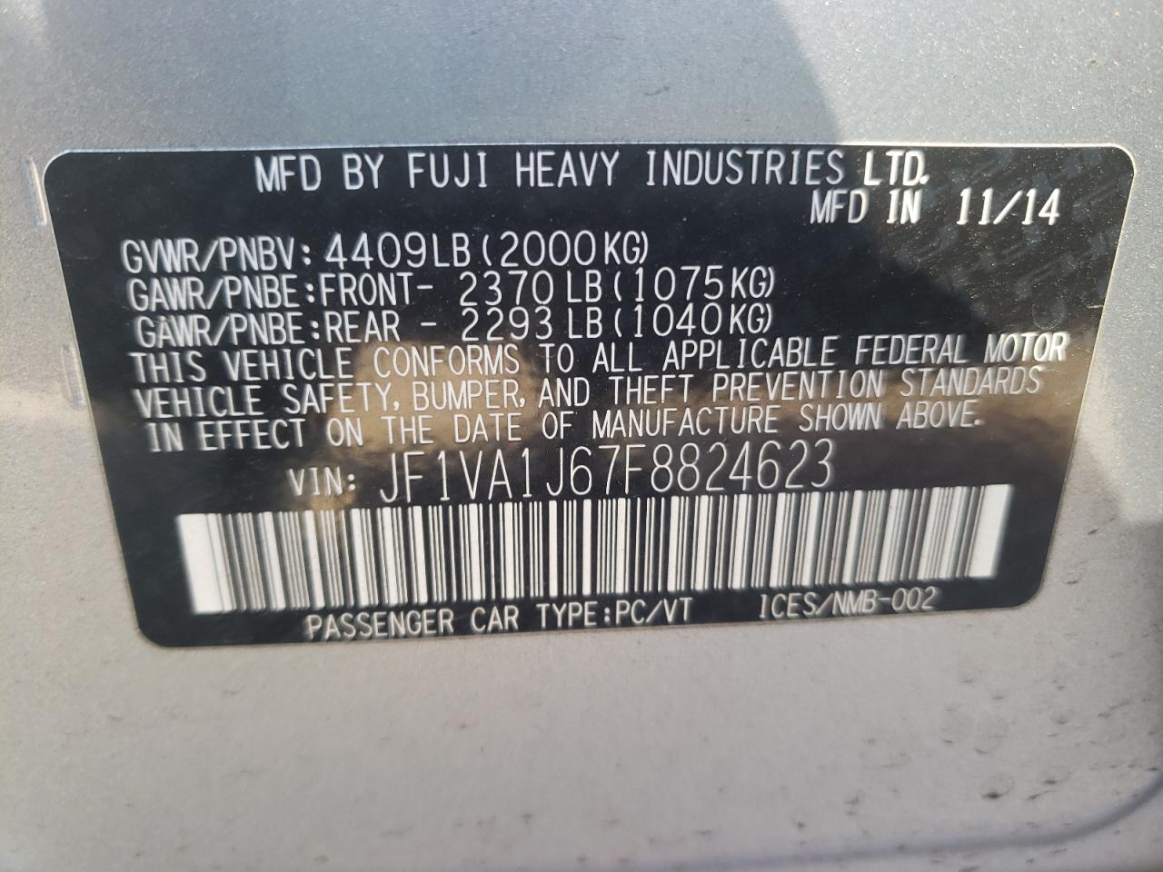 Photo 10 from auction – 2015 SUBARU WRX LIMITE with VIN JF1VA1J67F8824623
