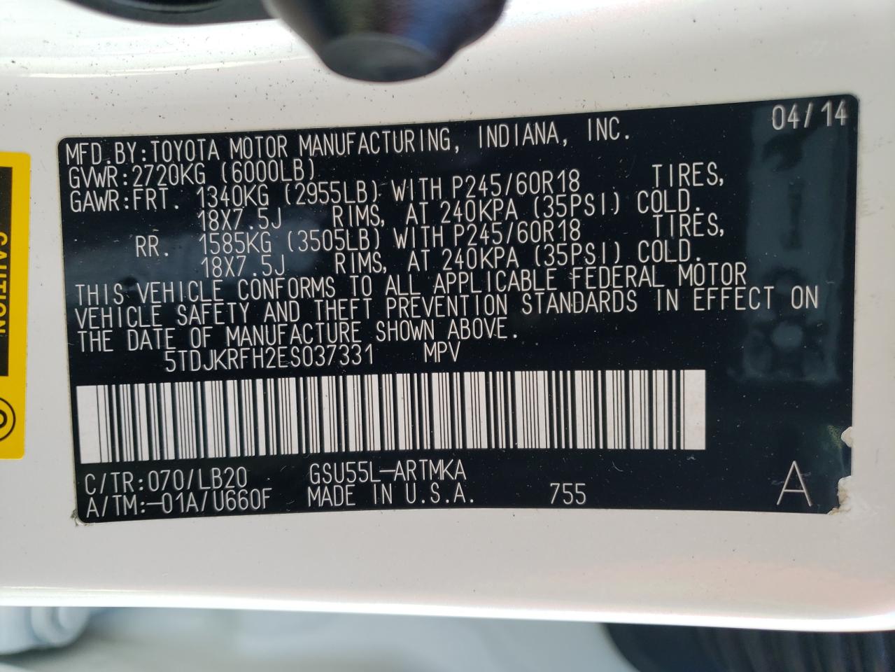 Photo 10 from auction – 2014 TOYOTA HIGHLANDER with VIN 5TDJKRFH2ES037331