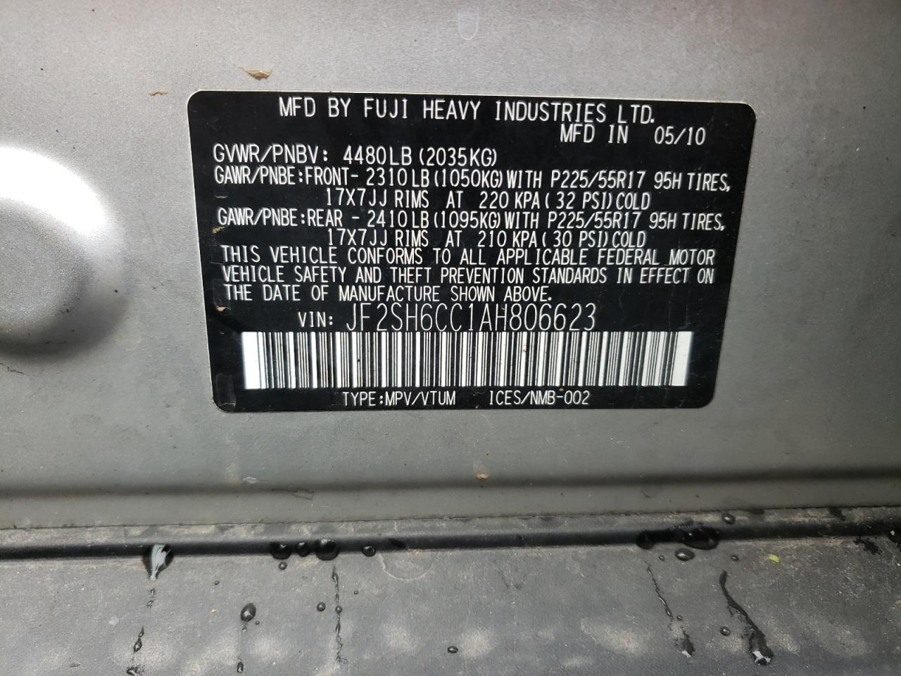 Photo 10 from auction – 2010 SUBARU FORESTER 2 with VIN JF2SH6CC1AH806623