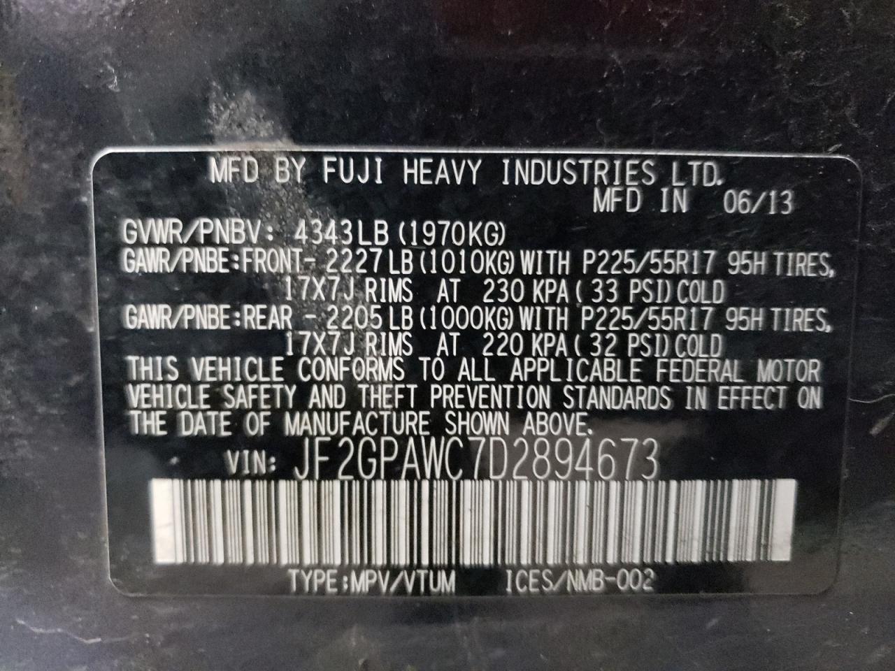Photo 10 from auction – 2013 SUBARU XV CROSSTR with VIN JF2GPAWC7D2894673