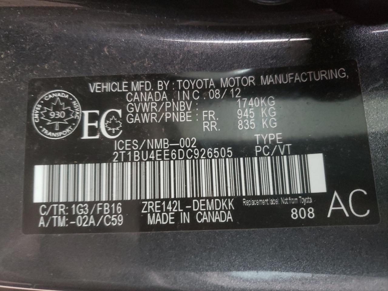 Photo 10 from auction – 2013 TOYOTA COROLLA BA with VIN 2T1BU4EE6DC926505