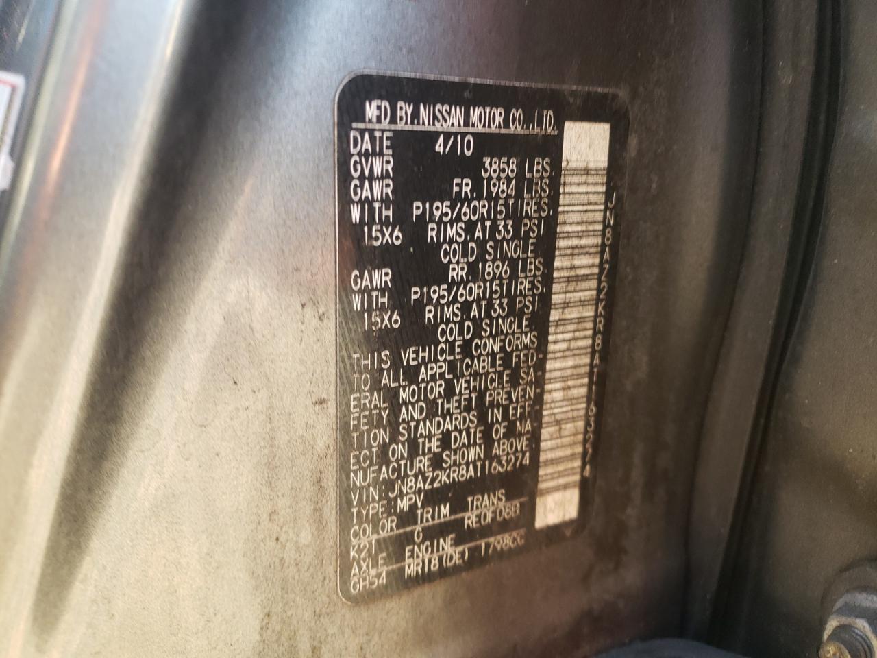 Photo 10 from auction – 2010 NISSAN CUBE BASE with VIN JN8AZ2KR8AT163274