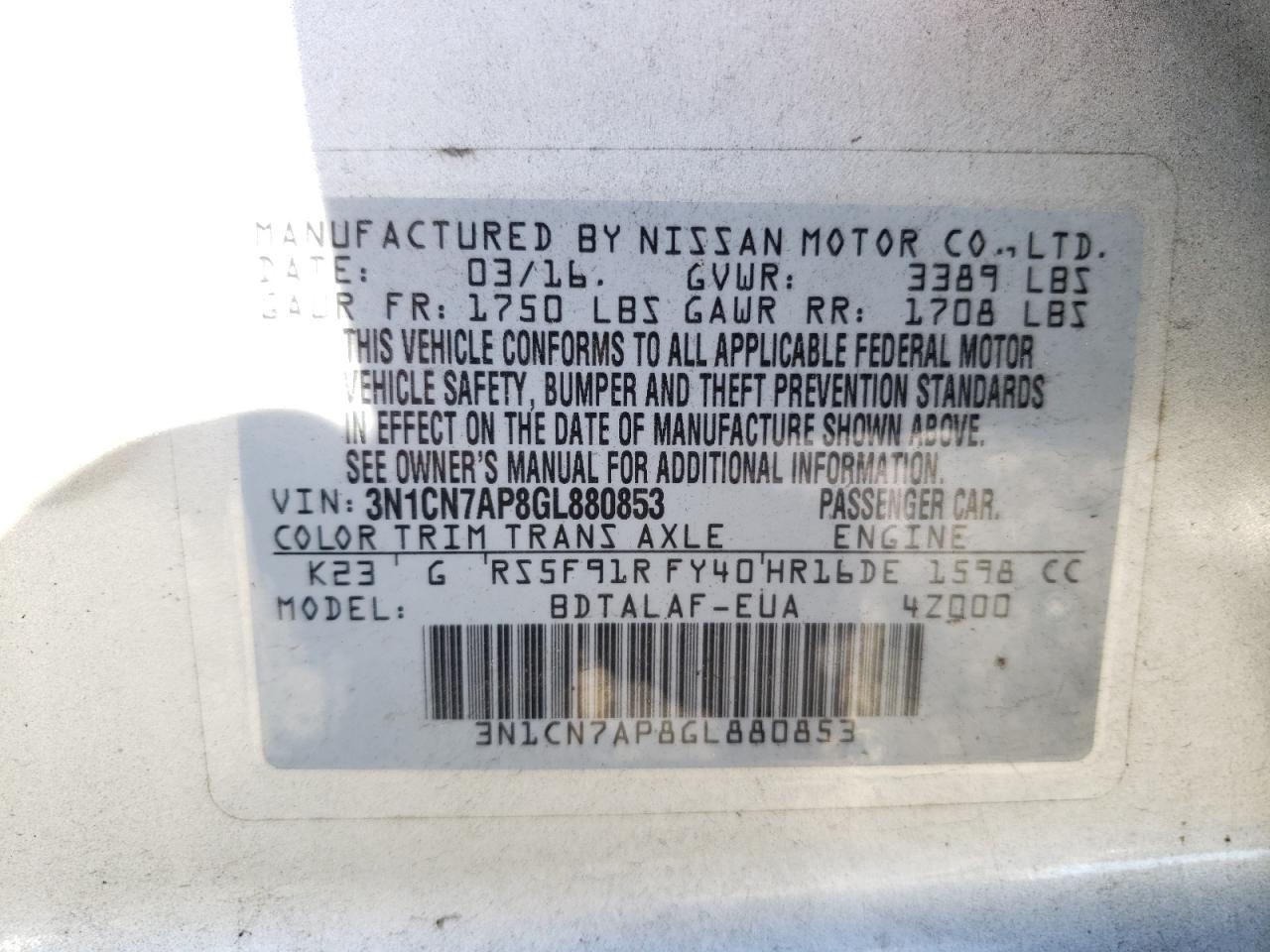 Photo 10 from auction – 2016 NISSAN VERSA S with VIN 3N1CN7AP8GL880853