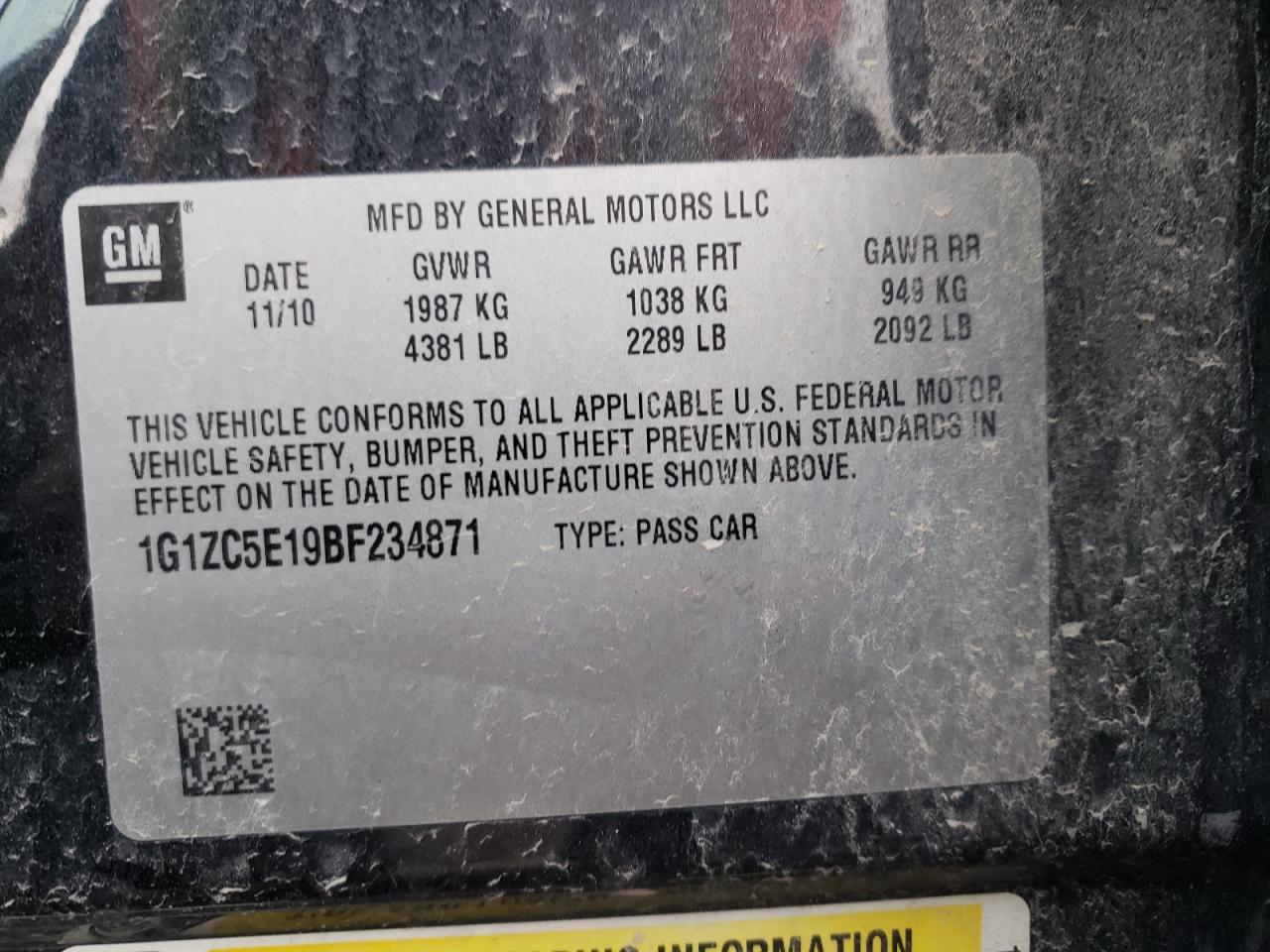 Photo 10 from auction – 2011 CHEVROLET MALIBU 1LT with VIN 1G1ZC5E19BF234871