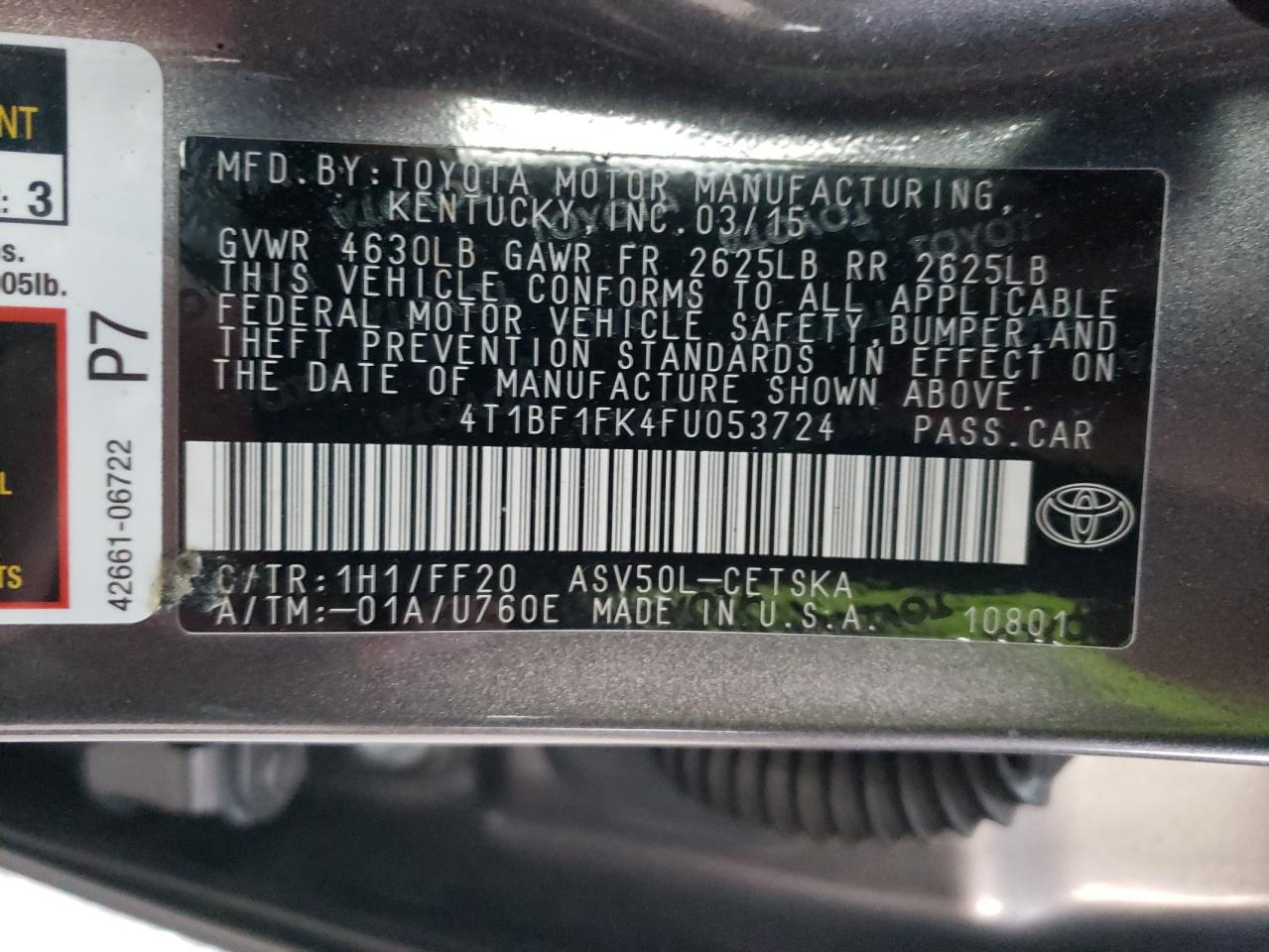 Photo 10 from auction – 2015 TOYOTA CAMRY LE with VIN 4T1BF1FK4FU053724