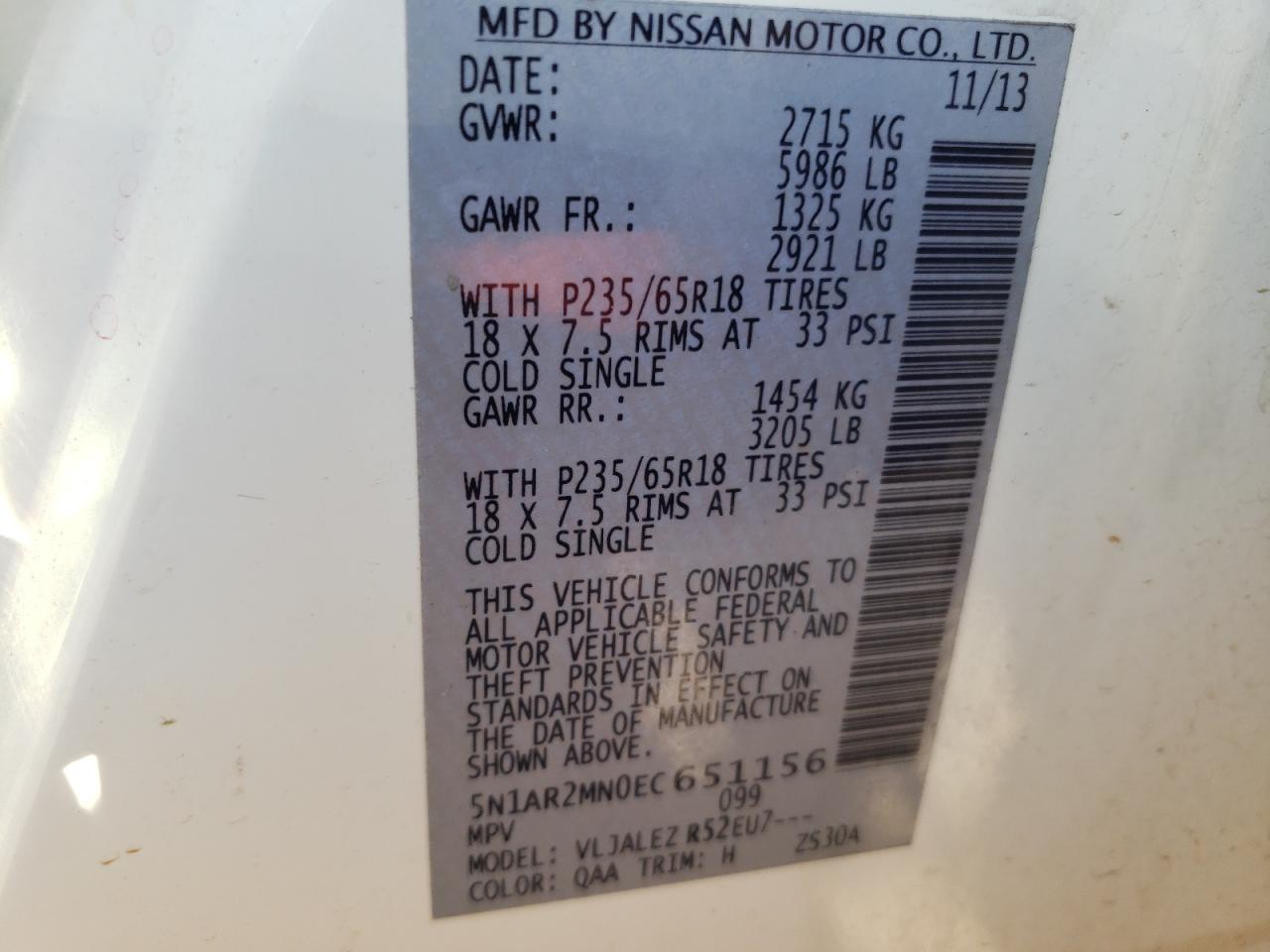 Photo 10 from auction – 2014 NISSAN PATHFINDER with VIN 5N1AR2MN0EC651156