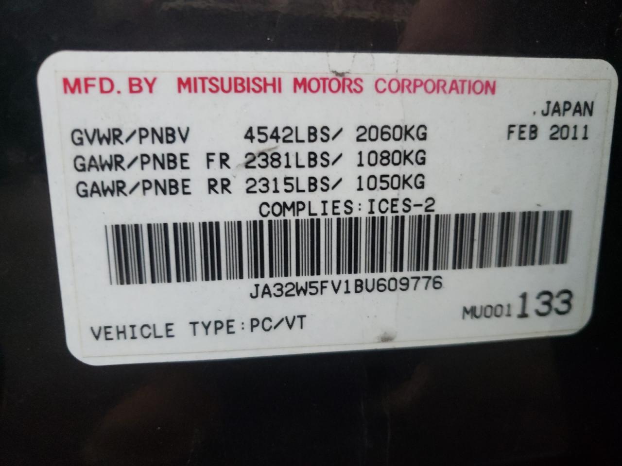 Photo 10 from auction – 2011 MITSUBISHI LANCER EVO with VIN JA32W5FV1BU609776
