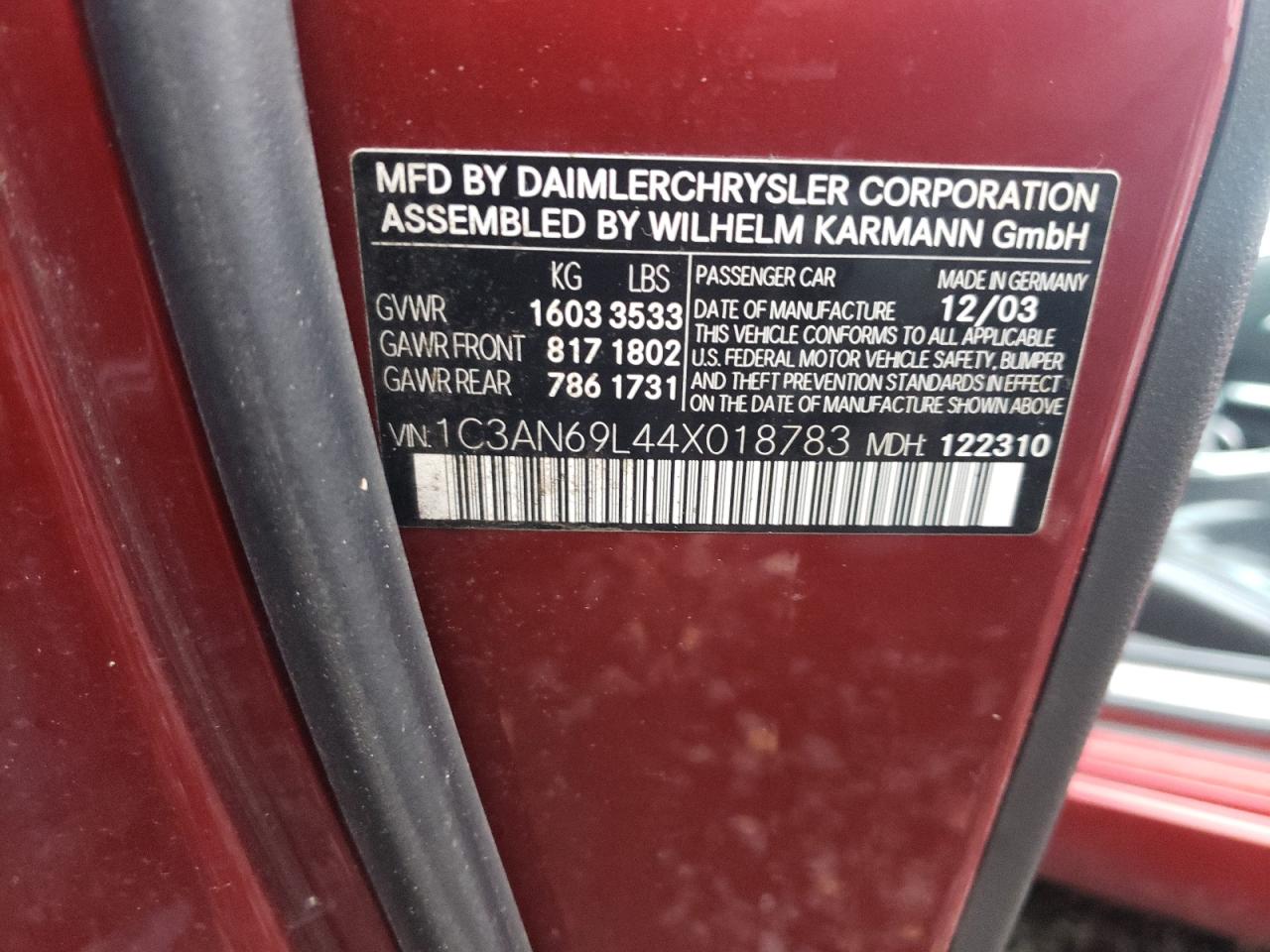Photo 10 from auction – 2004 CHRYSLER CROSSFIRE with VIN 1C3AN69L44X018783