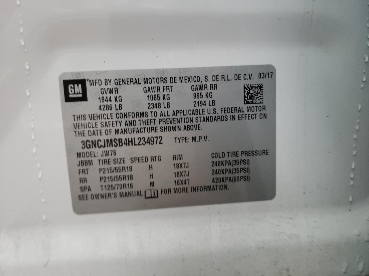 Photo 10 from auction – 2017 CHEVROLET TRAX PREMI with VIN 3GNCJMSB4HL234972