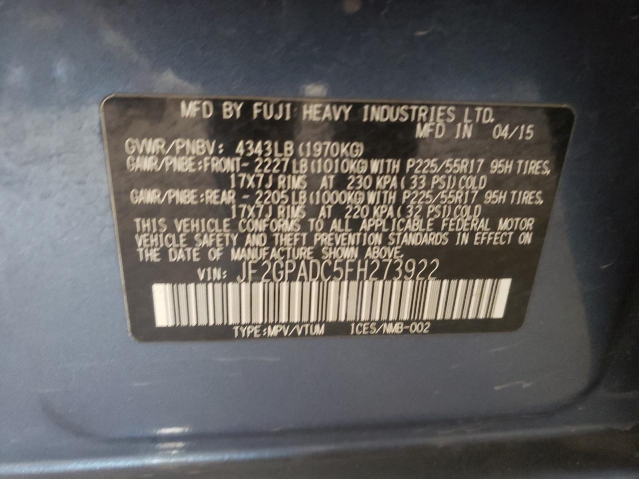 Photo 10 from auction – 2015 SUBARU XV CROSSTR with VIN JF2GPADC5FH273922