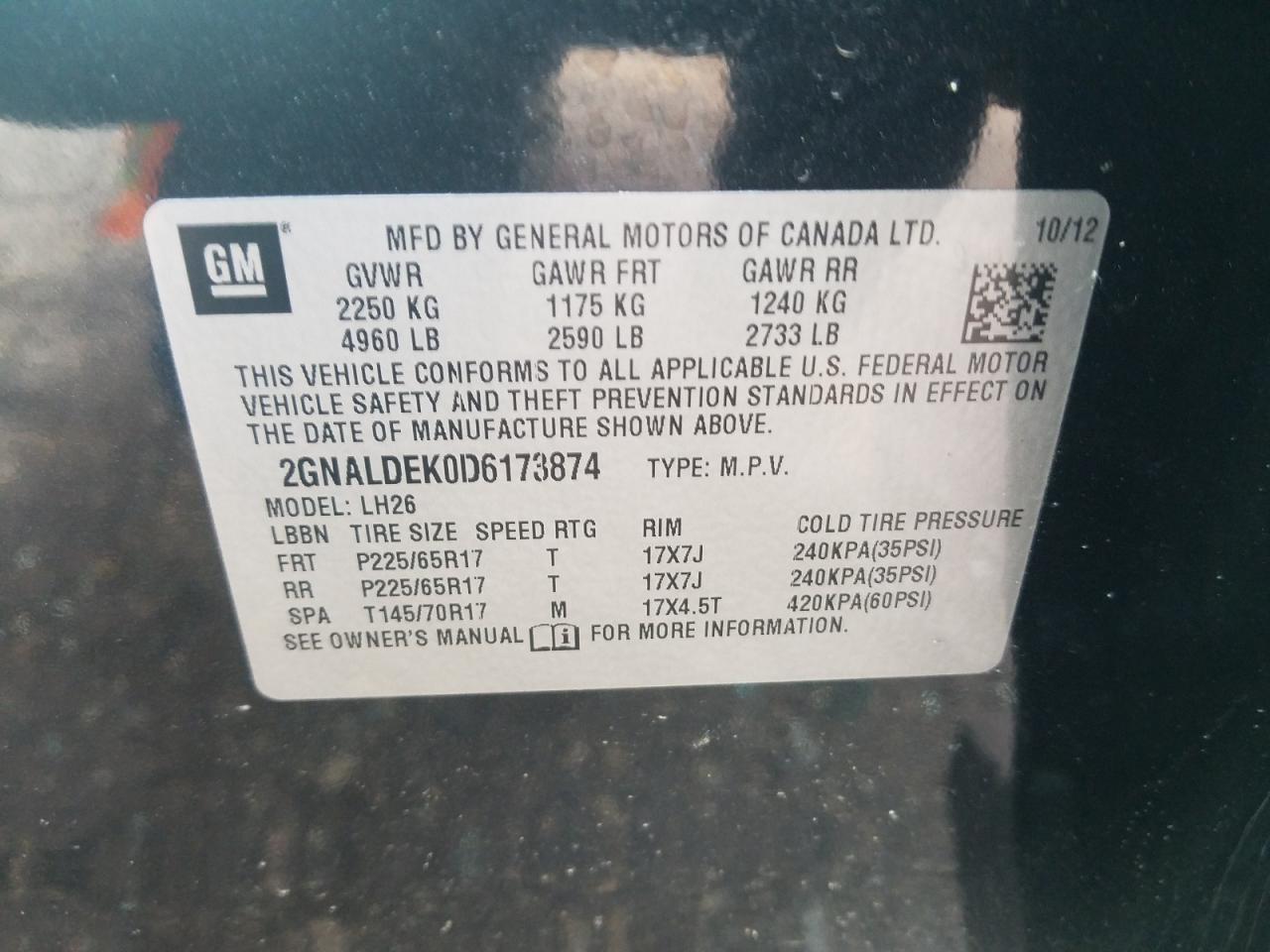 Photo 10 from auction – 2013 CHEVROLET EQUINOX LT with VIN 2GNALDEK0D6173874