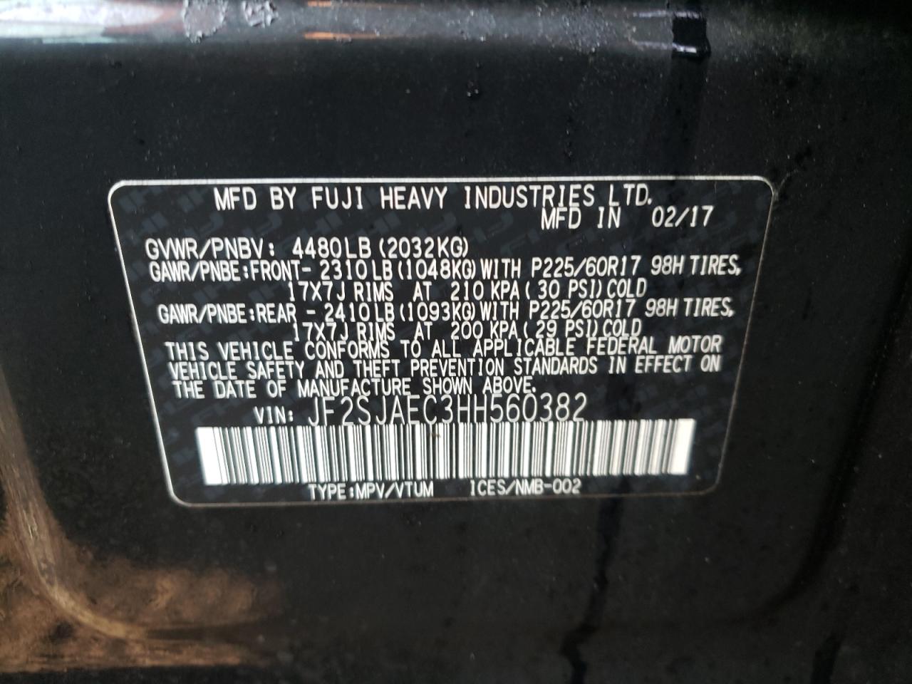 Photo 10 from auction – 2017 SUBARU FORESTER 2 with VIN JF2SJAEC3HH560382