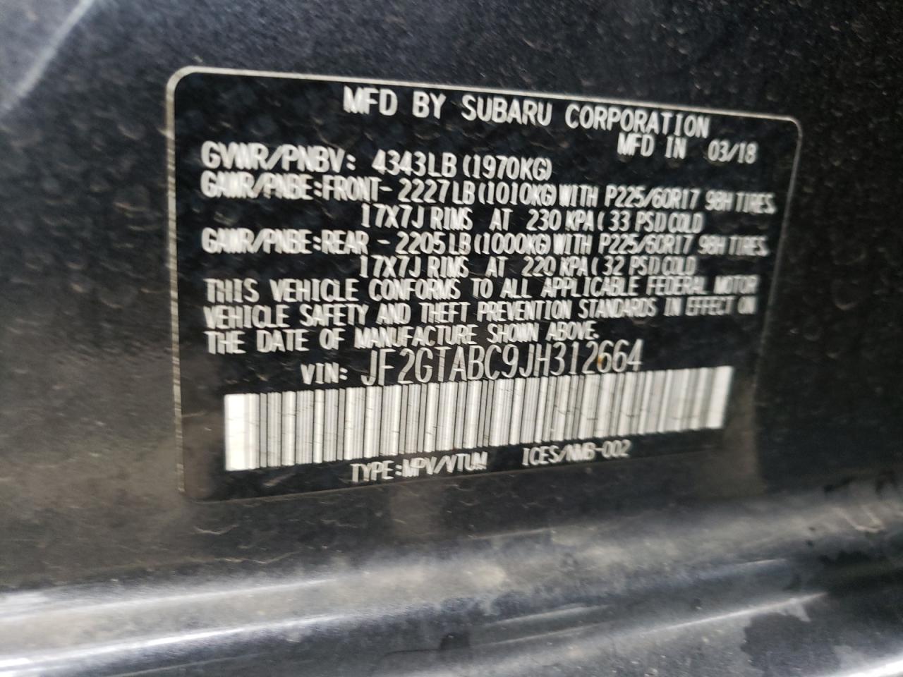 Photo 10 from auction – 2018 SUBARU CROSSTREK with VIN JF2GTABC9JH312664