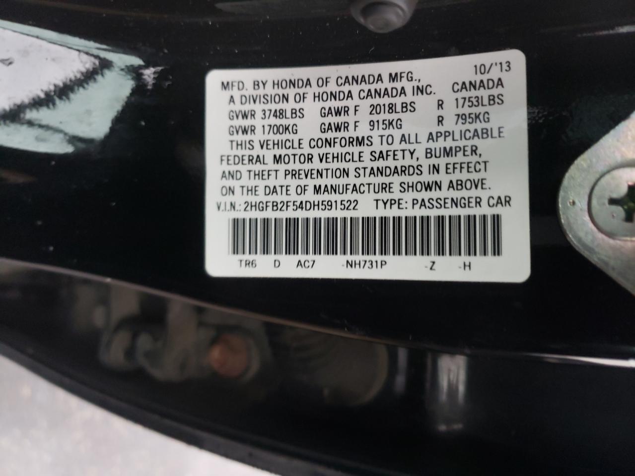 Photo 10 from auction – 2013 HONDA CIVIC LX with VIN 2HGFB2F54DH591522