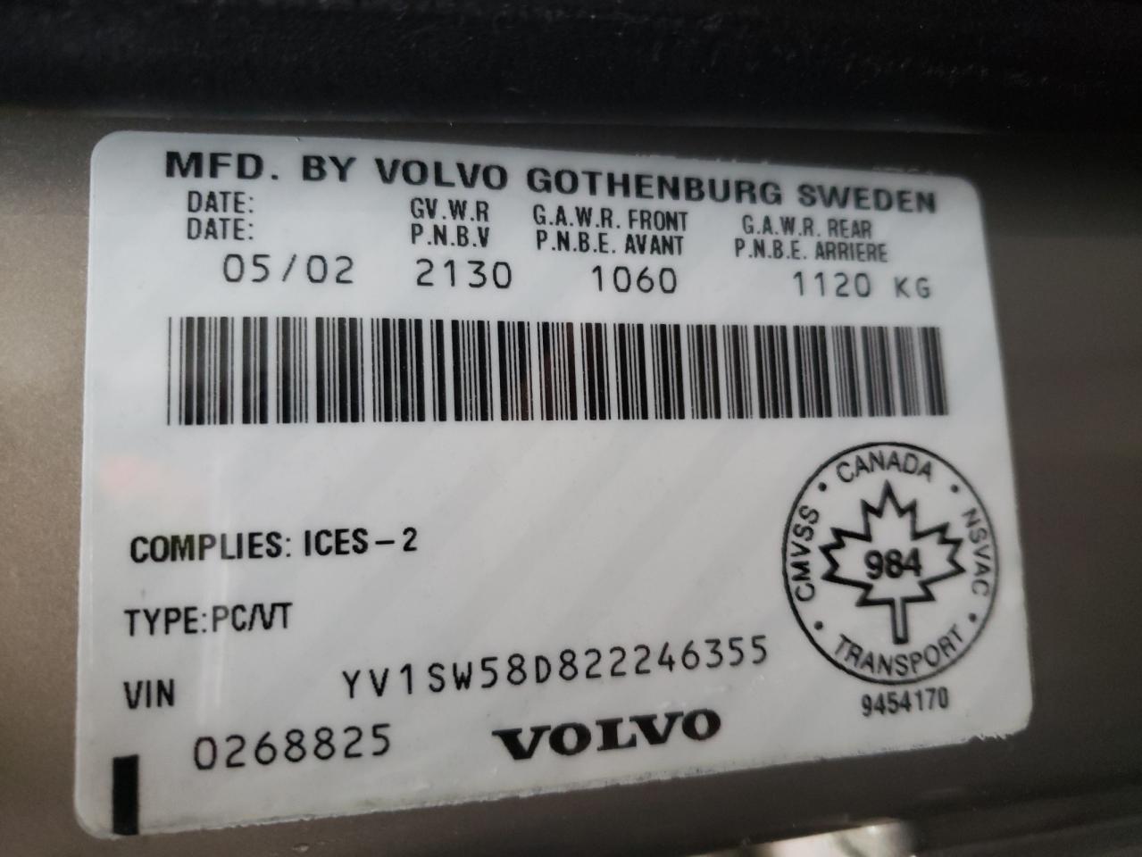Photo 11 from auction – 2002 VOLVO V70 2.4T with VIN YV1SW58D822246355