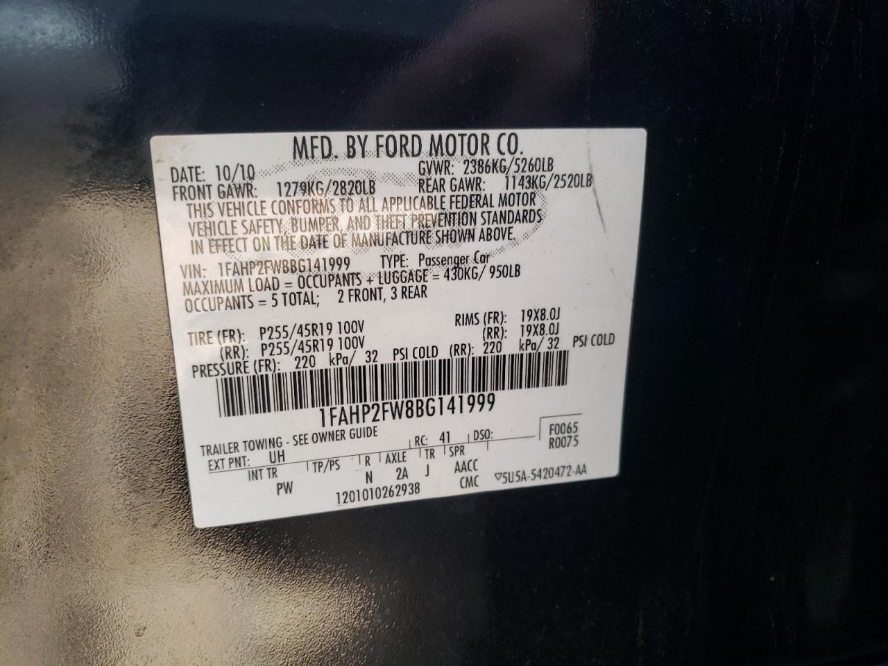 Photo 10 from auction – 2011 FORD TAURUS LIM with VIN 1FAHP2FW8BG141999