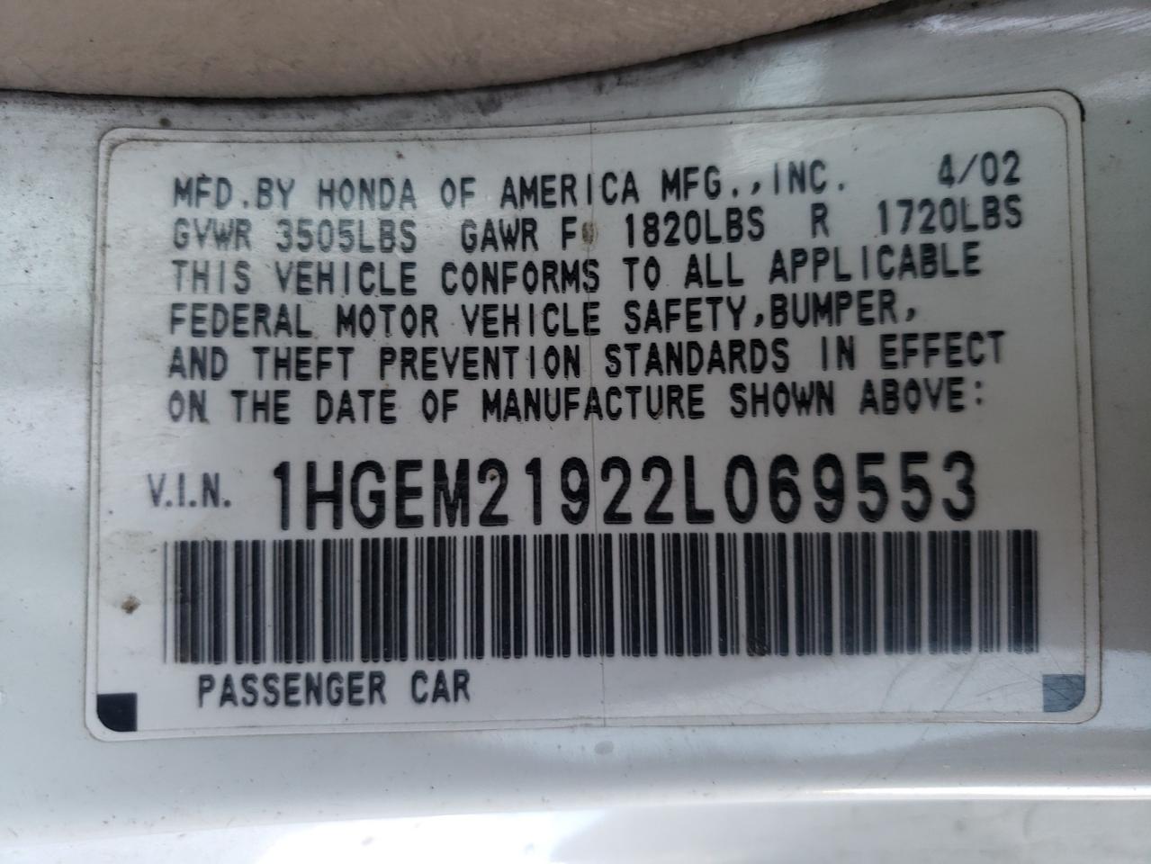 Photo 10 from auction – 2002 HONDA CIVIC EX with VIN 1HGEM21922L069553