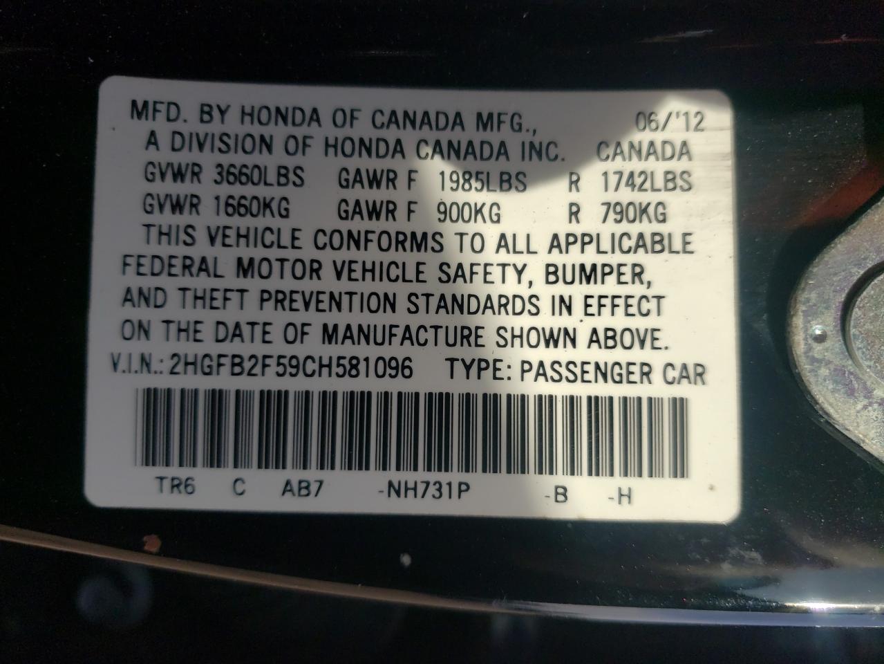 Photo 10 from auction – 2012 HONDA CIVIC LX with VIN 2HGFB2F59CH581096