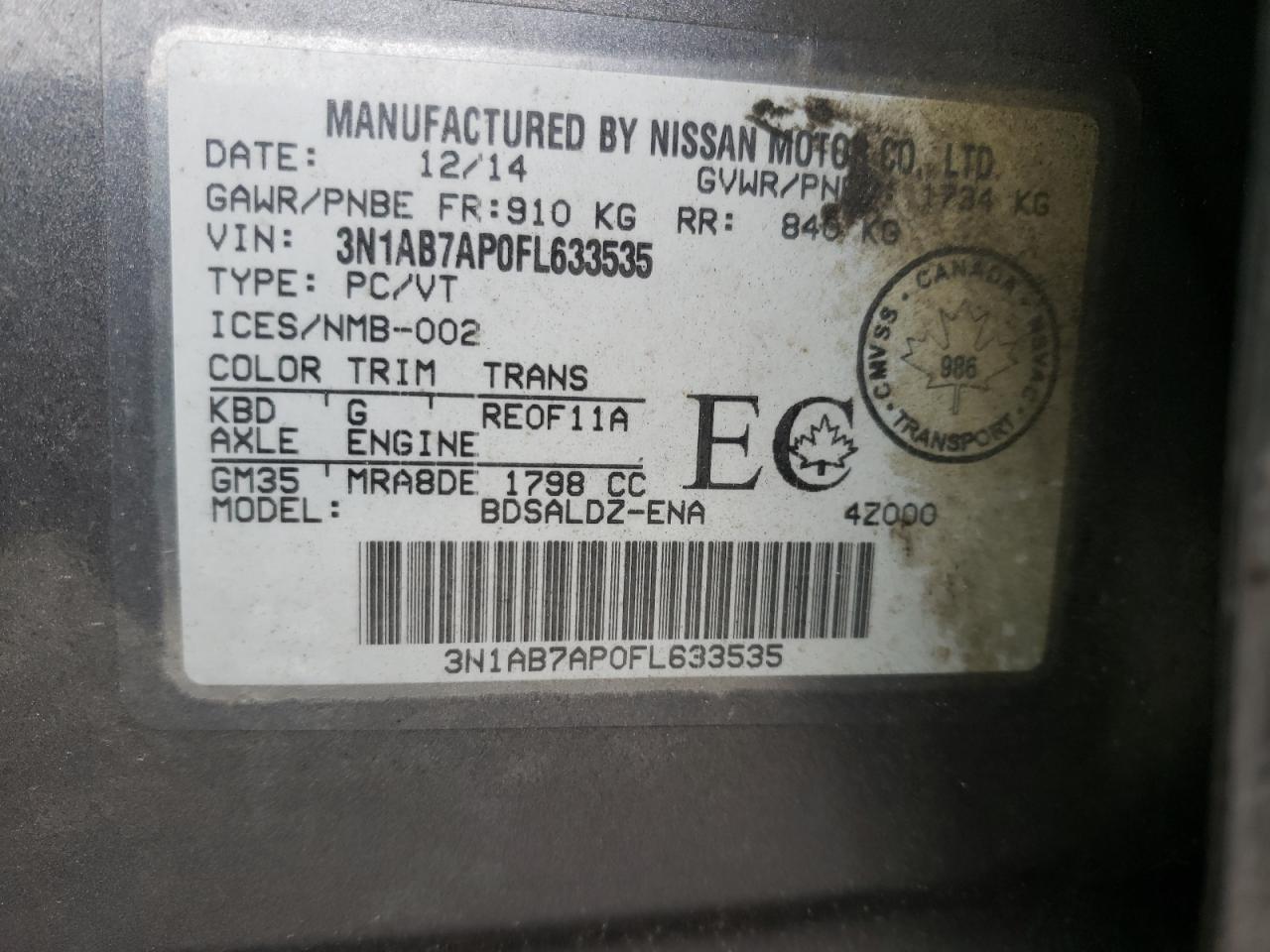 Photo 10 from auction – 2015 NISSAN SENTRA S with VIN 3N1AB7AP0FL633535